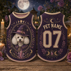 Witch Dog Jersey, Personalized Pet Name Halloween Shirt, Celestial Moon Phase Pet Jersey, Purple Witchy Dog Outfit, Custom Pet Gift