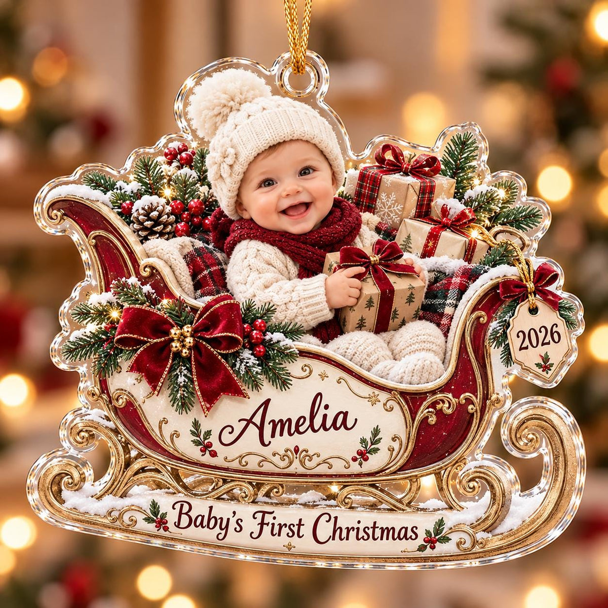 Christmas Sleigh Ornament, Personalized Baby Photo Acrylic Keepsake, Custom Name 2026, First Holiday Gift