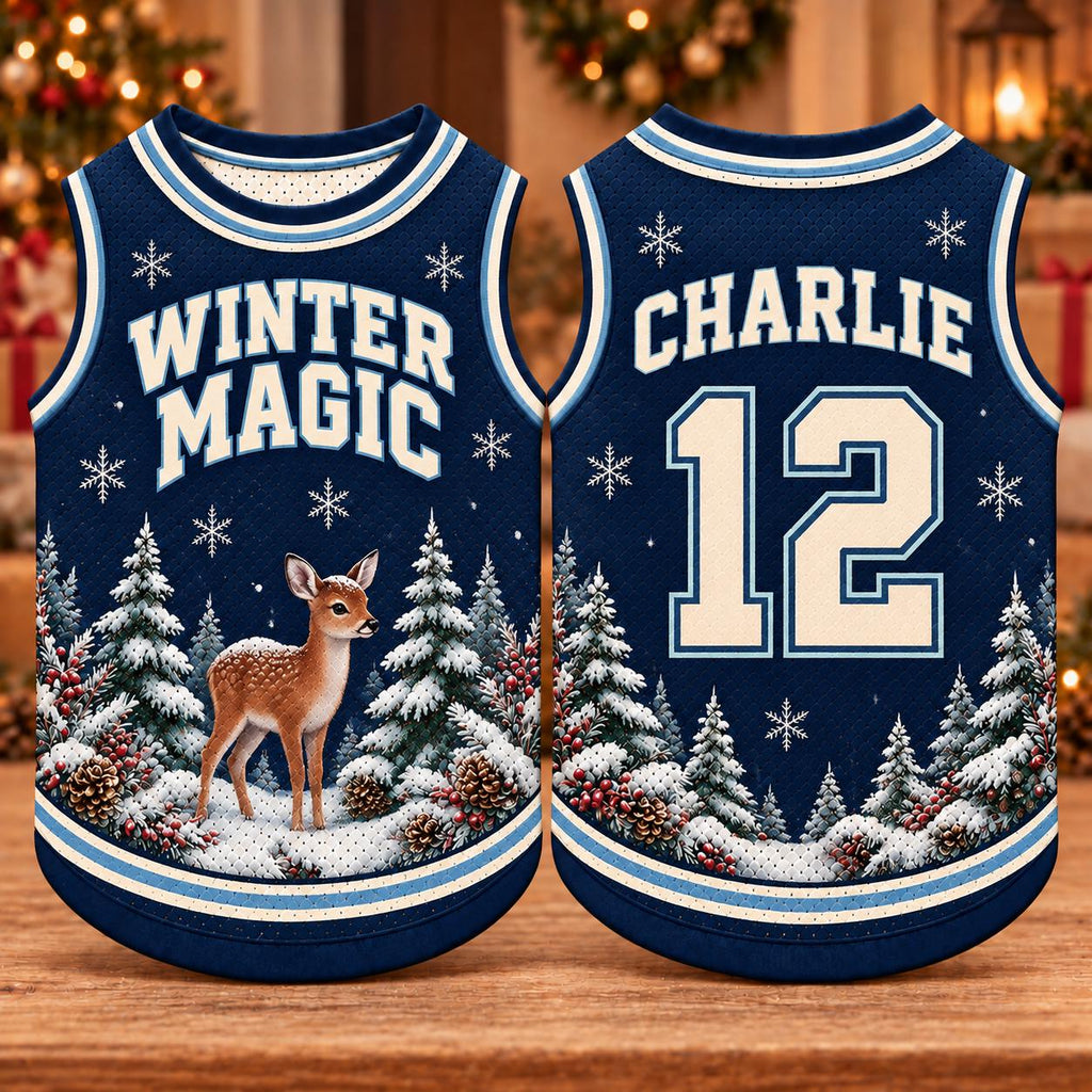 Winter Deer Pet Jersey, Personalized Dog Name Number Shirt, Snowy Forest Christmas Outfit, Holiday Dog Gift