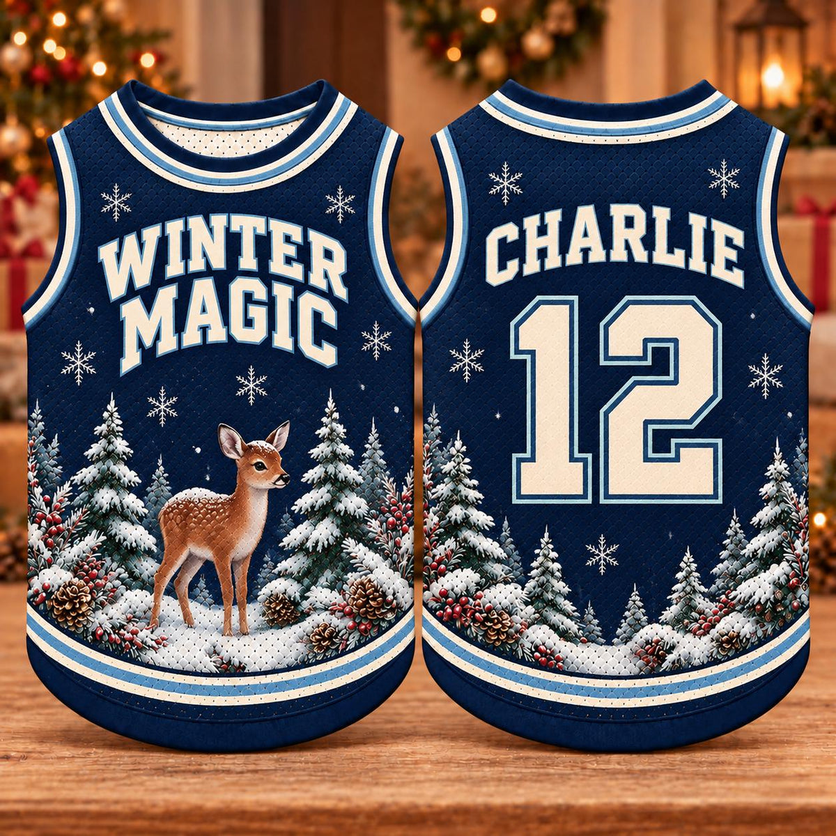Winter Deer Pet Jersey, Personalized Dog Name Number Shirt, Snowy Forest Christmas Outfit, Holiday Dog Gift