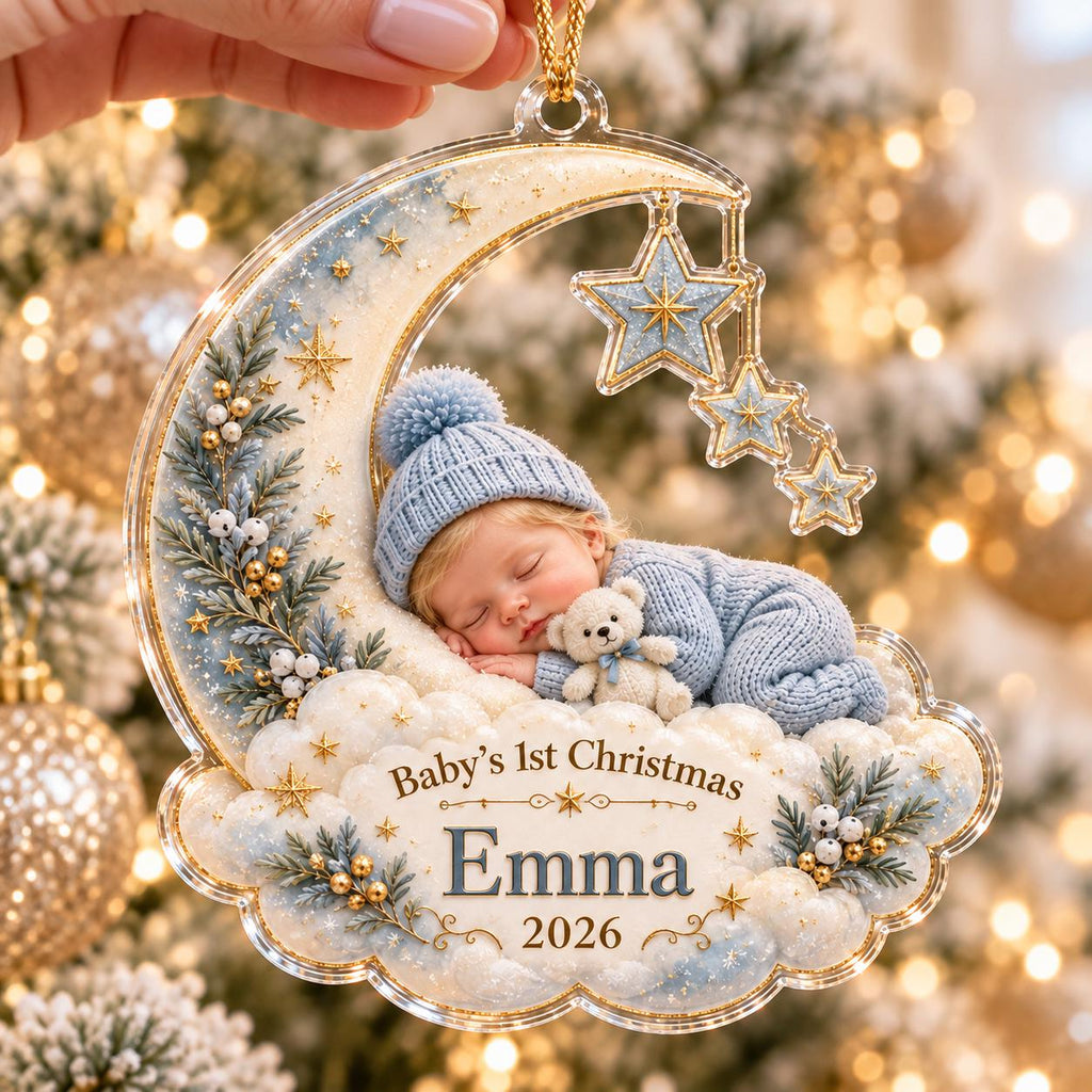 Crescent Moon Baby Ornament, Personalized Photo Acrylic Keepsake, Custom Name Year, Baby First Christmas Gift