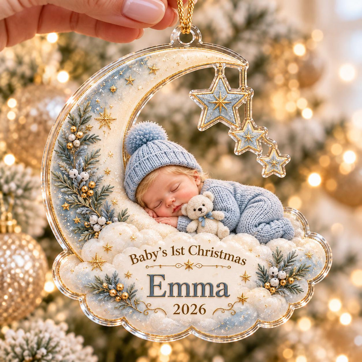Crescent Moon Baby Ornament, Personalized Photo Acrylic Keepsake, Custom Name Year, Baby First Christmas Gift