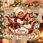 Christmas Sleigh Ornament, Personalized Baby Photo Acrylic Keepsake, Custom Name 2026, First Holiday Gift