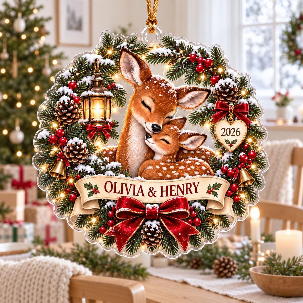 Personalized Deer Christmas Ornament, Acrylic Family Keepsake, Doe and Fawn Holiday Decor, Custom Name Christmas Gift