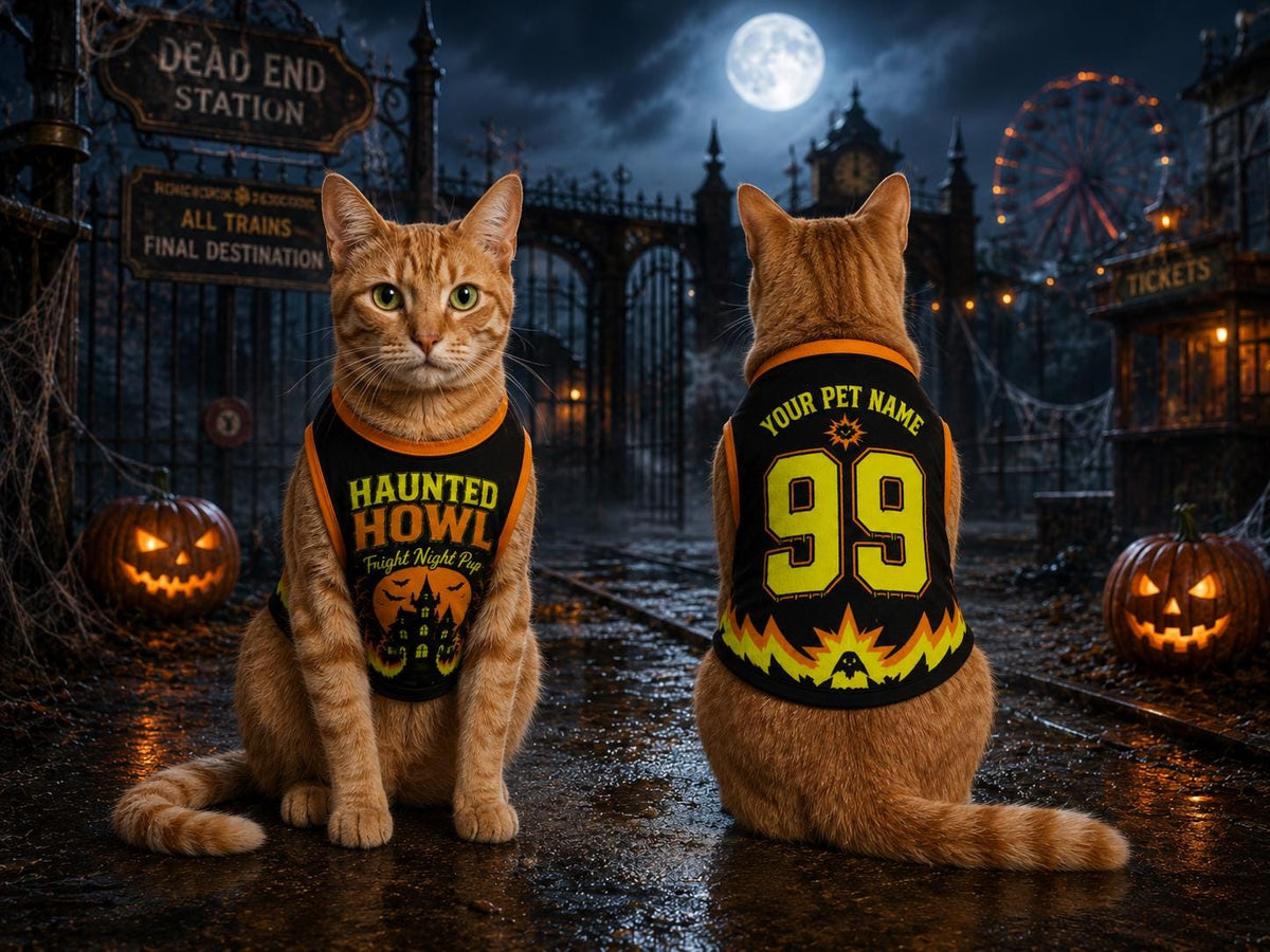 Haunted Howl Dog Jersey, Personalized Pet Name Number Shirt, Fright Night Pup Halloween Costume, Spooky Haunted House Pet Outfit