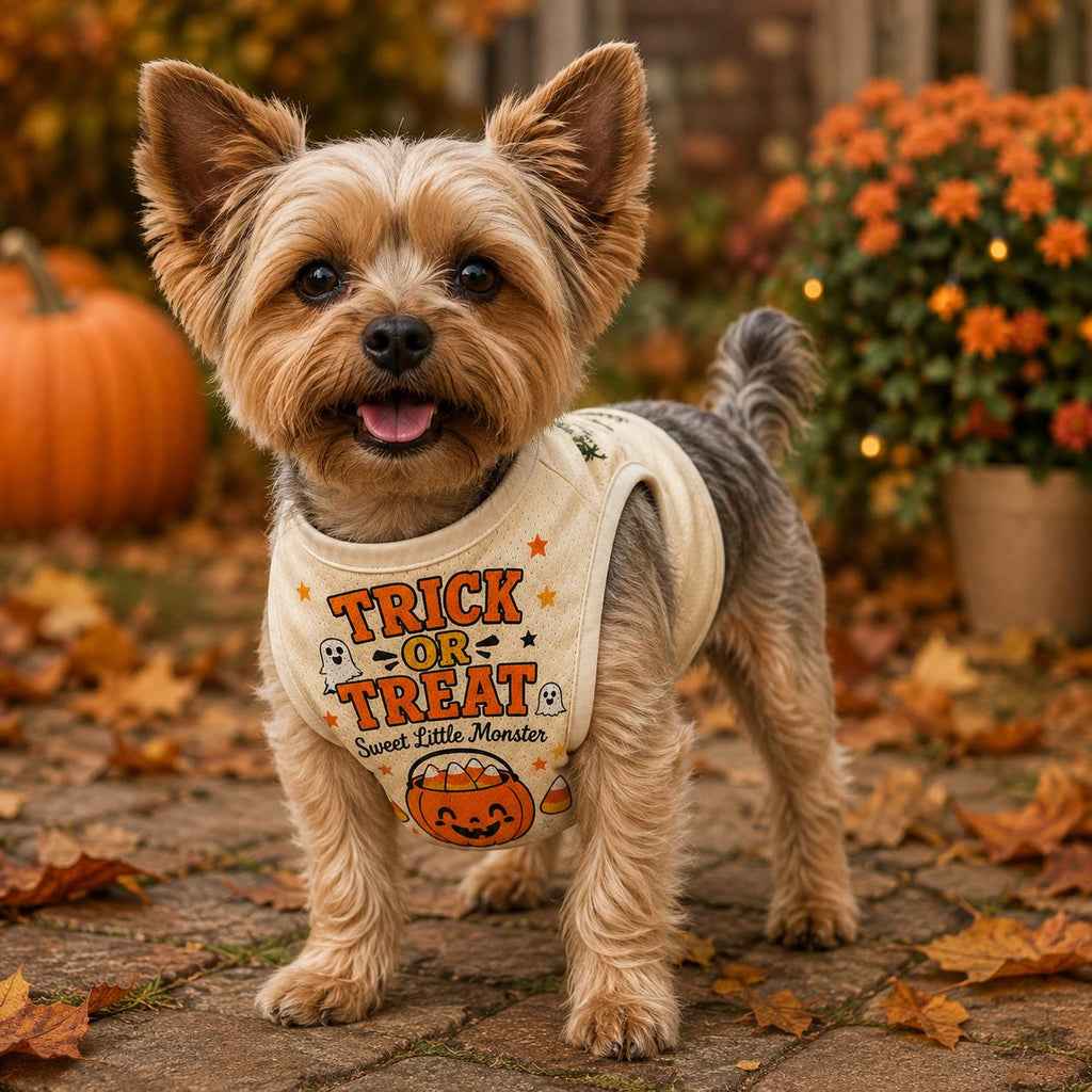 Trick or Treat Pet Jersey, Custom Name Number Dog Shirt, Sweet Little Monster Halloween Outfit, Candy Corn Puppy Costume