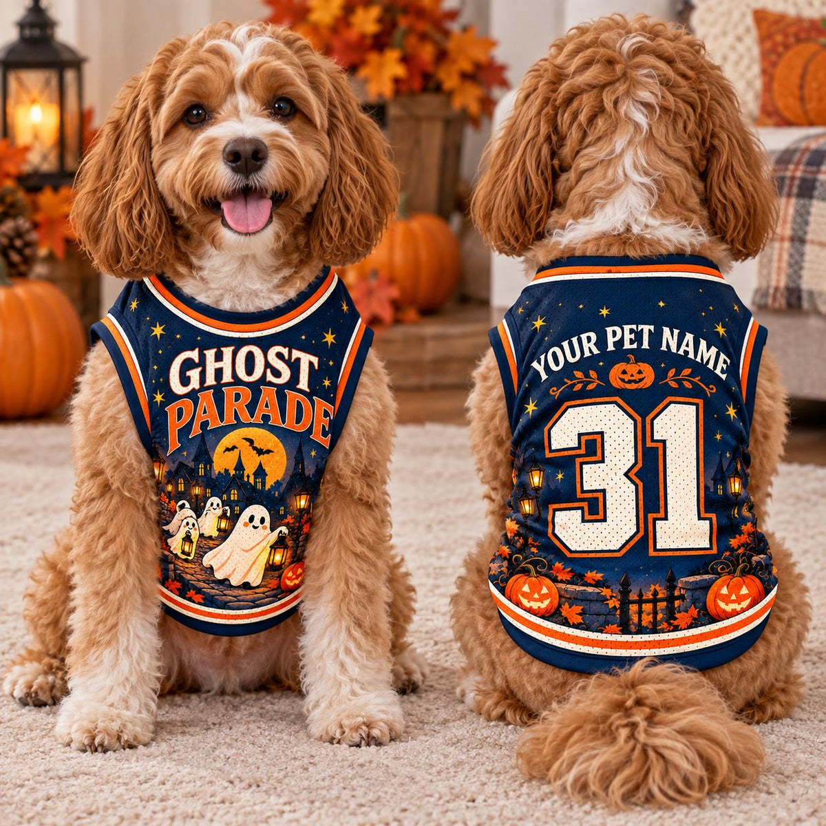 Ghost Parade Pet Jersey, Personalized Dog Name Number Shirt, Halloween Pet Top, Pumpkin Costume, Spooky Season Dog Gift