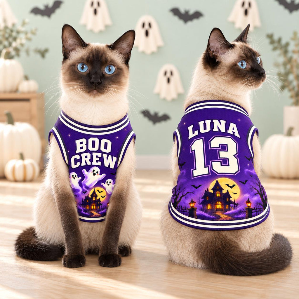 Boo Crew Pet Jersey, Personalized Halloween Dog Shirt, Custom Name Number, Purple Ghost Costume, Spooky Pet Outfit