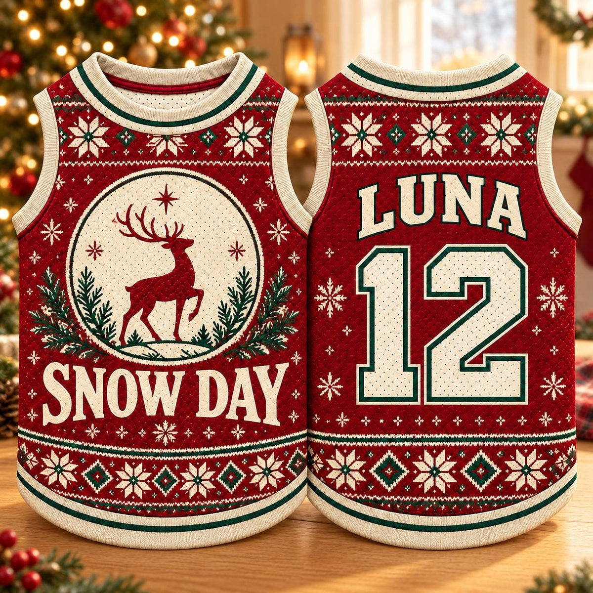 Snow Day Pet Jersey, Personalized Dog Name Number Shirt, Christmas Reindeer Pet Top, Holiday Sweater Style Outfit, Custom Dog Gift