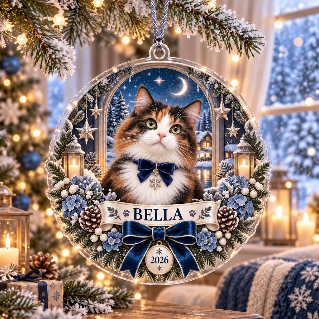 Winter Cat Ornament, Personalized Acrylic Christmas Keepsake, Custom Pet Name Year Decor, Cat Lover Holiday Gift