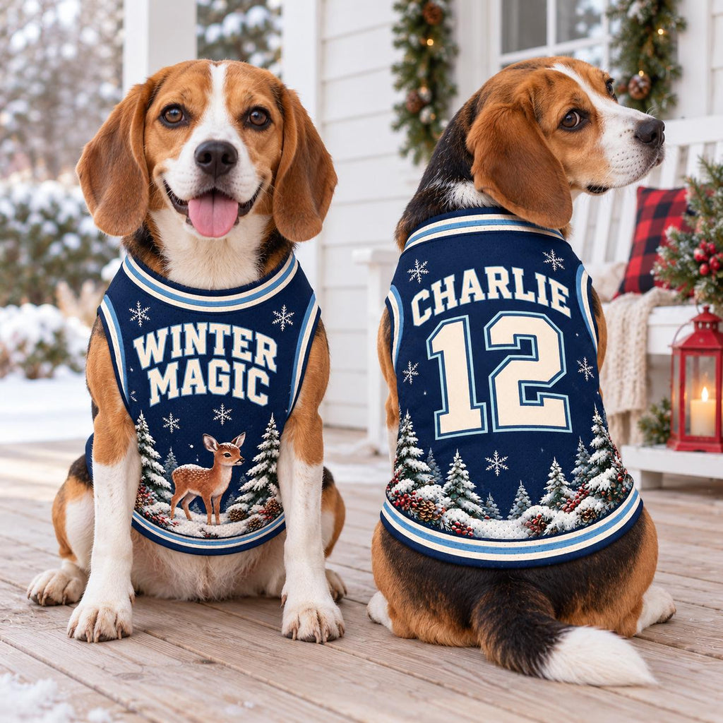 Winter Deer Pet Jersey, Personalized Dog Name Number Shirt, Snowy Forest Christmas Outfit, Holiday Dog Gift