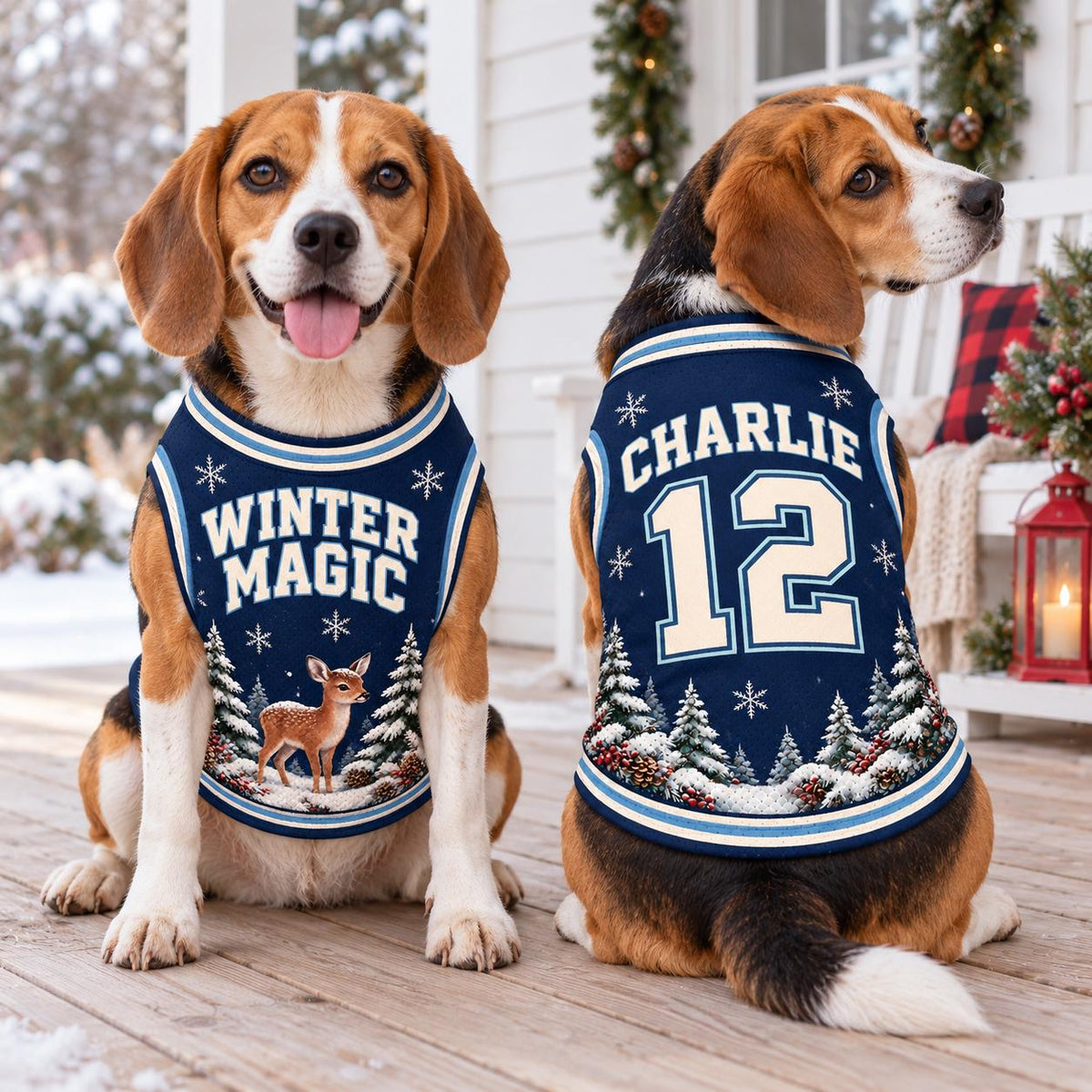 Winter Deer Pet Jersey, Personalized Dog Name Number Shirt, Snowy Forest Christmas Outfit, Holiday Dog Gift