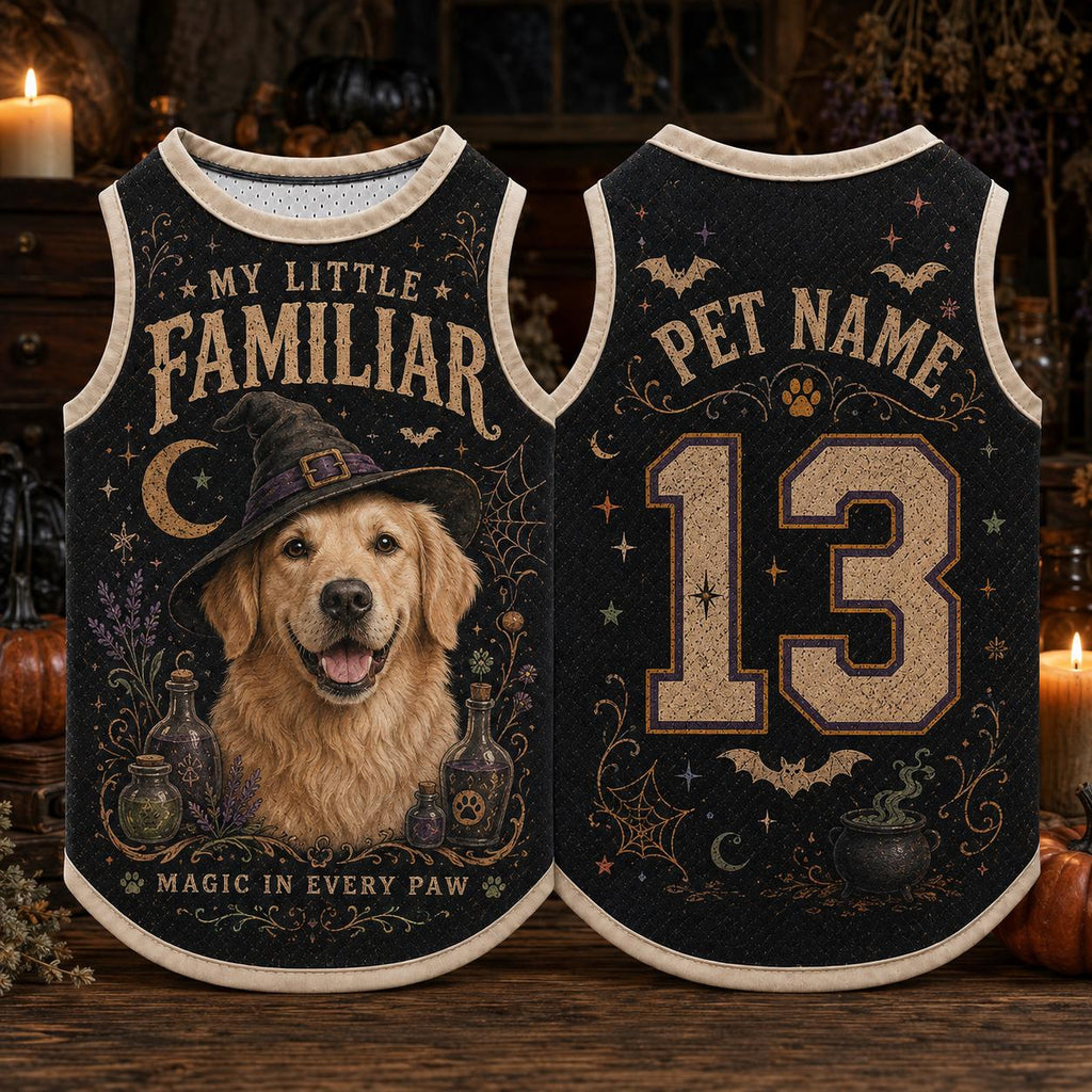 Little Familiar Pet Jersey, Personalized Witch Dog Shirt, Custom Pet Name Number Halloween Vest, Magic in Every Paw Pet Outfit