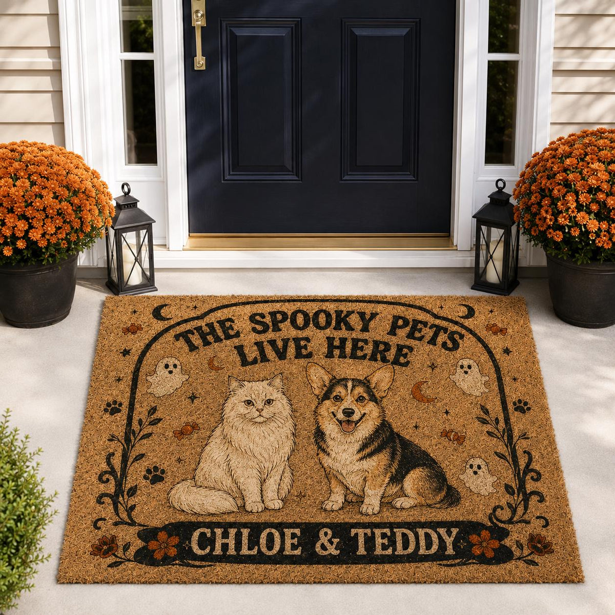 Personalized Pet Halloween Doormat, Spooky Pets Live Here Mat, Custom Dog Cat Name Door Mat, Halloween Porch Decor, Pet Lover Gift