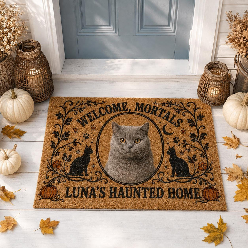 Personalized Halloween Cat Doormat, Custom Pet Photo Welcome Mat, Haunted Cat Door Mat, Spooky Fall Porch Decor, Cat Lover Gift