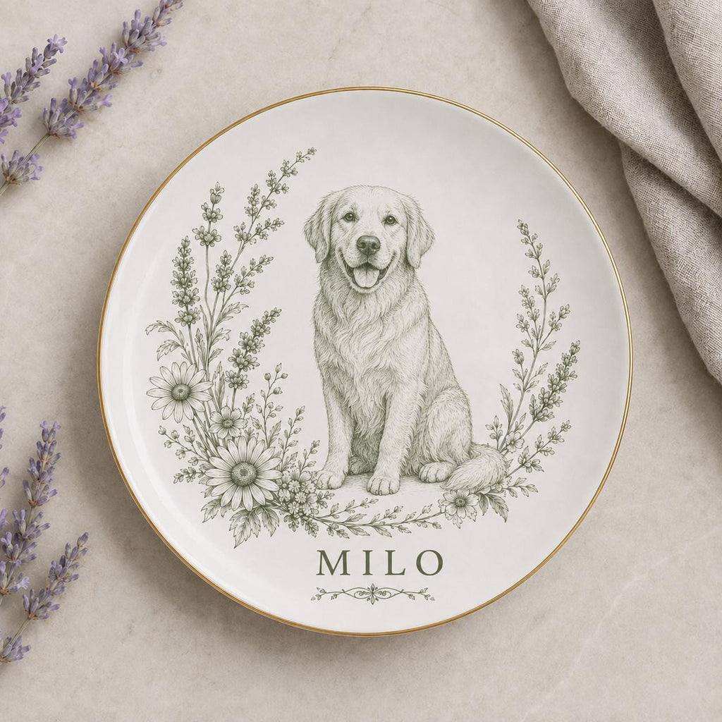 Personalized Cat Ceramic Dish, Custom Pet Name Plate, Blue Floral Cat Keepsake, Pet Memorial Gift, Cat Lover Home Decor