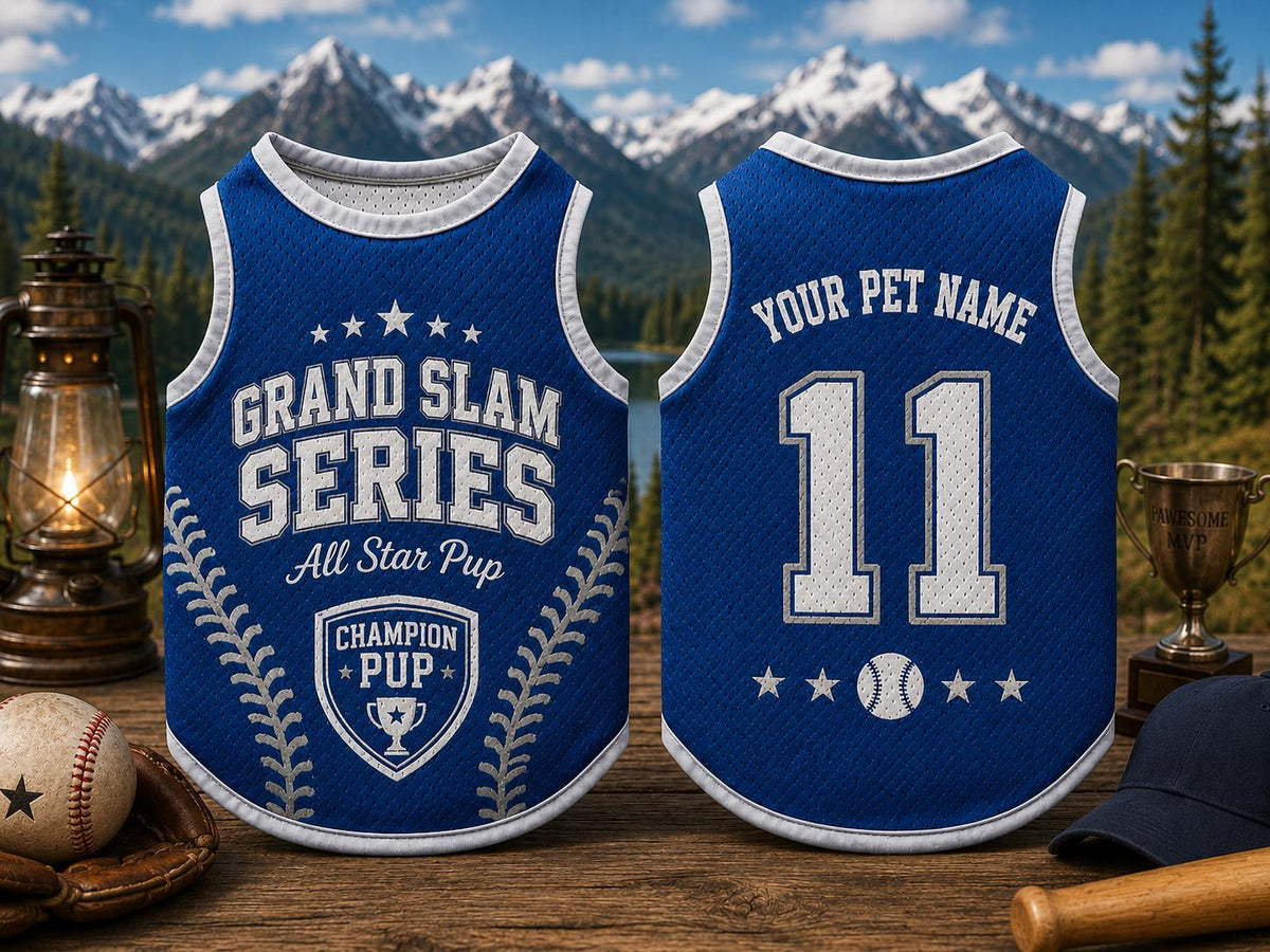 Grand Slam Pet Jersey, Personalized Dog Name Number Shirt, All Star Pup Game Day Outfit, Blue Varsity Puppy Top, Sports Fan Gift