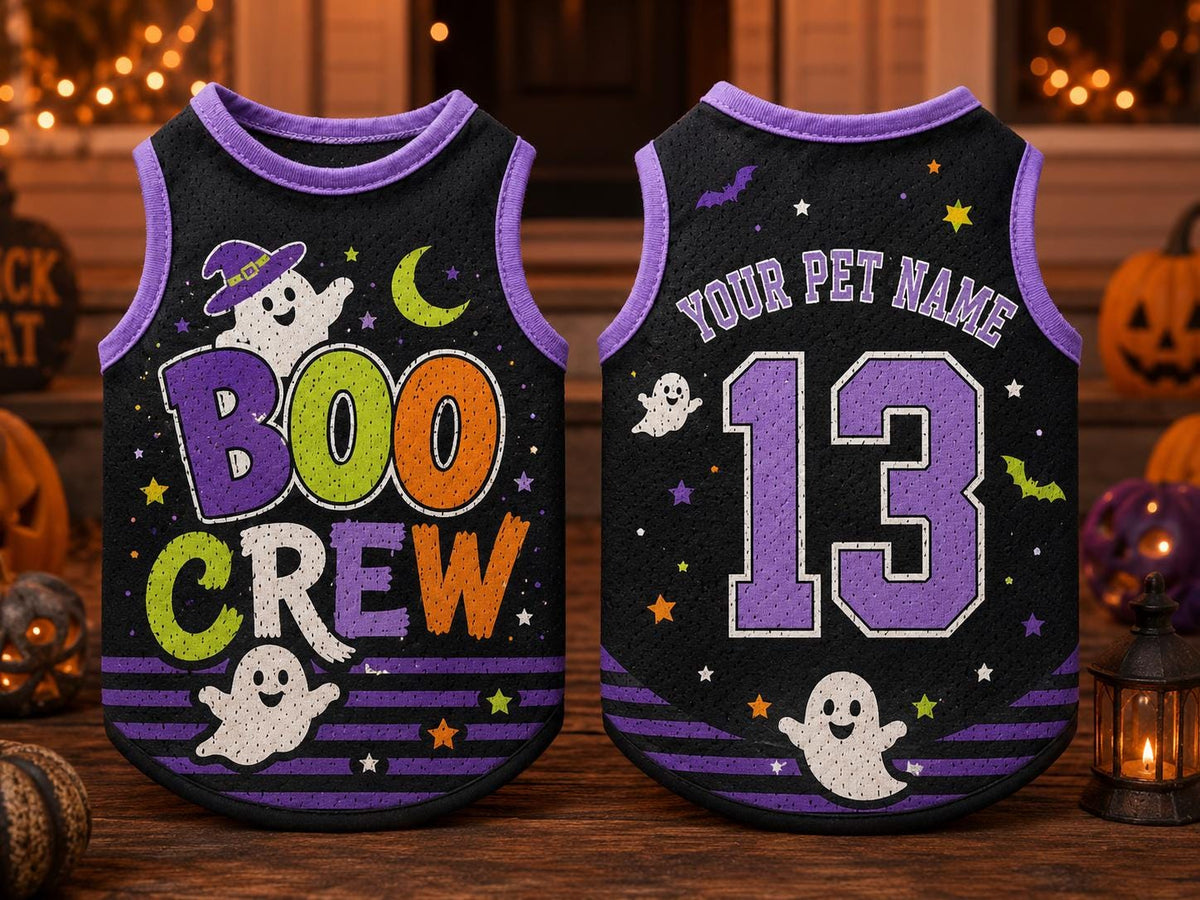 Boo Crew Pet Jersey, Personalized Dog Name Number Shirt, Halloween Dog Costume, Spooky Pet Outfit, Custom Puppy Jersey, Pet Lover Gift