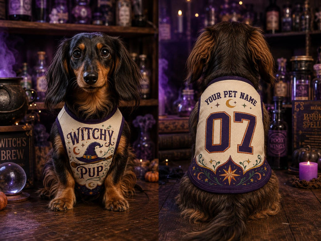 Witchy Pup Pet Jersey, Personalized Dog Name Number Shirt, Halloween Witch Costume, Spooky Season Pet Outfit, Dog Lover Gift
