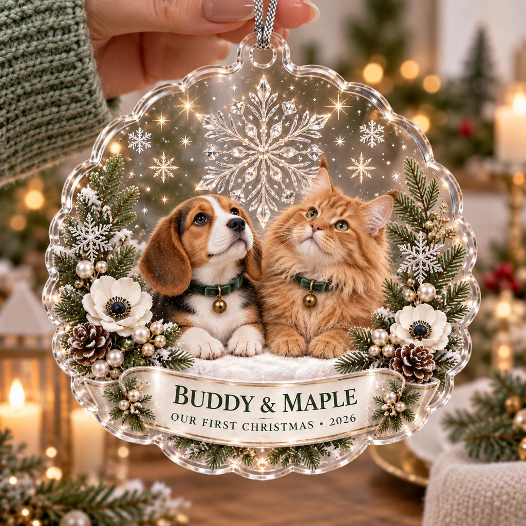 First Christmas Pet Ornament, Personalized Dog Cat Acrylic Keepsake, Custom Pet Name Holiday Decor, Pet Parent Christmas Gift