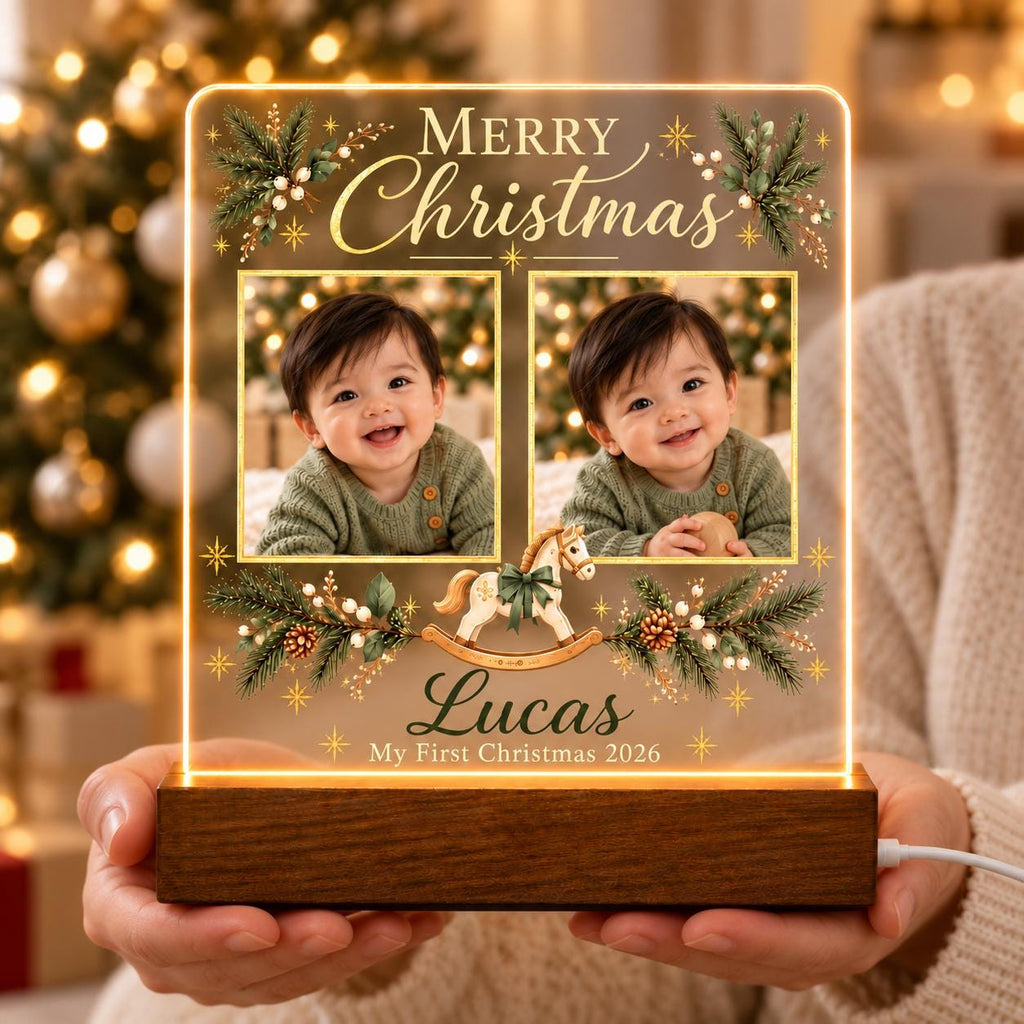First Christmas Photo Lamp, Personalized Baby Acrylic Plaque, Custom Name Year, Rocking Horse Holiday Keepsake