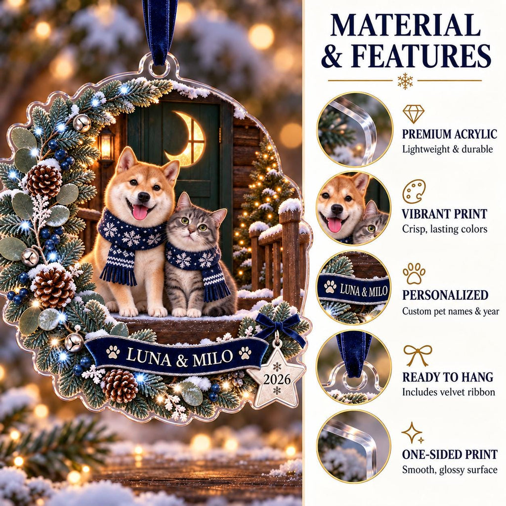 Moonlit Pet Christmas Ornament, Personalized Dog Cat Acrylic Keepsake, Custom Pet Name Winter Decor, Pet Parent Gift