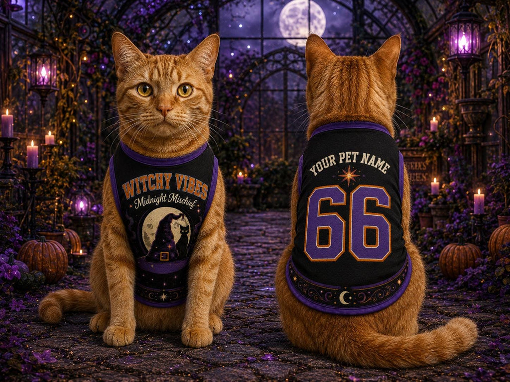 Witchy Vibes Pet Jersey, Personalized Dog Name Number Shirt, Midnight Mischief Halloween Costume, Black Cat Pet Outfit