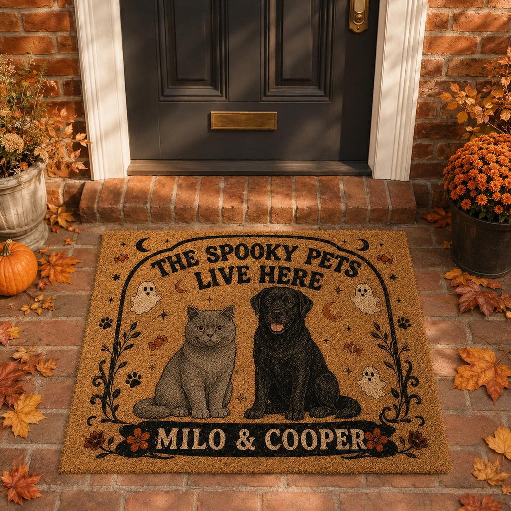 Personalized Pet Halloween Doormat, Spooky Pets Live Here Mat, Custom Dog Cat Name Door Mat, Halloween Porch Decor, Pet Lover Gift