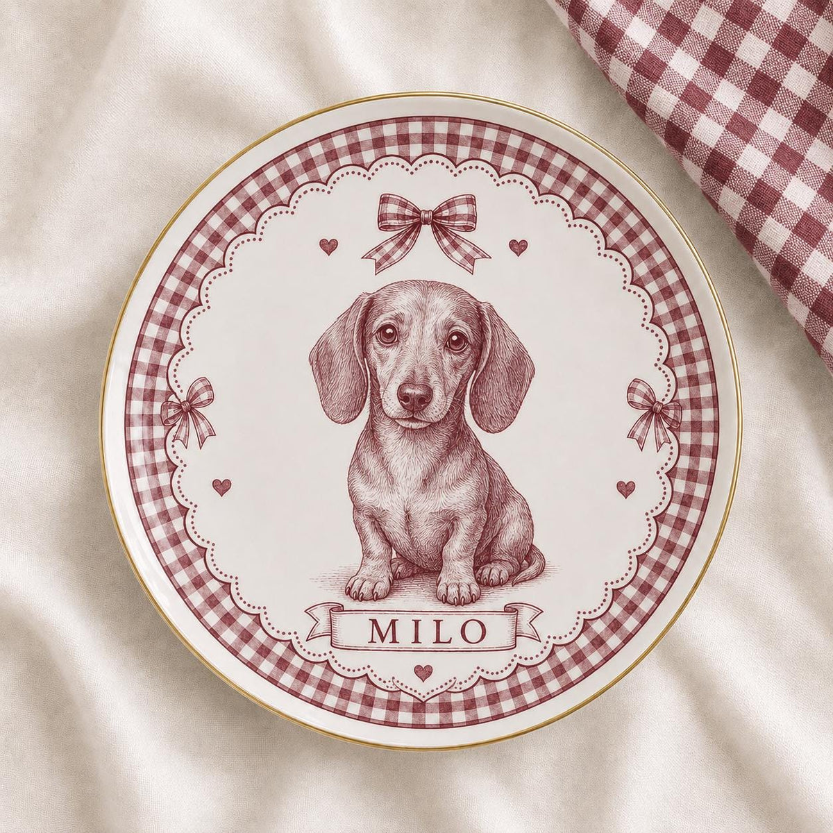 Personalized Dog Ceramic Dish, Custom Pet Name Plate, Blue Gingham Puppy Keepsake, Bow Dog Trinket Dish, Pet Lover Gift