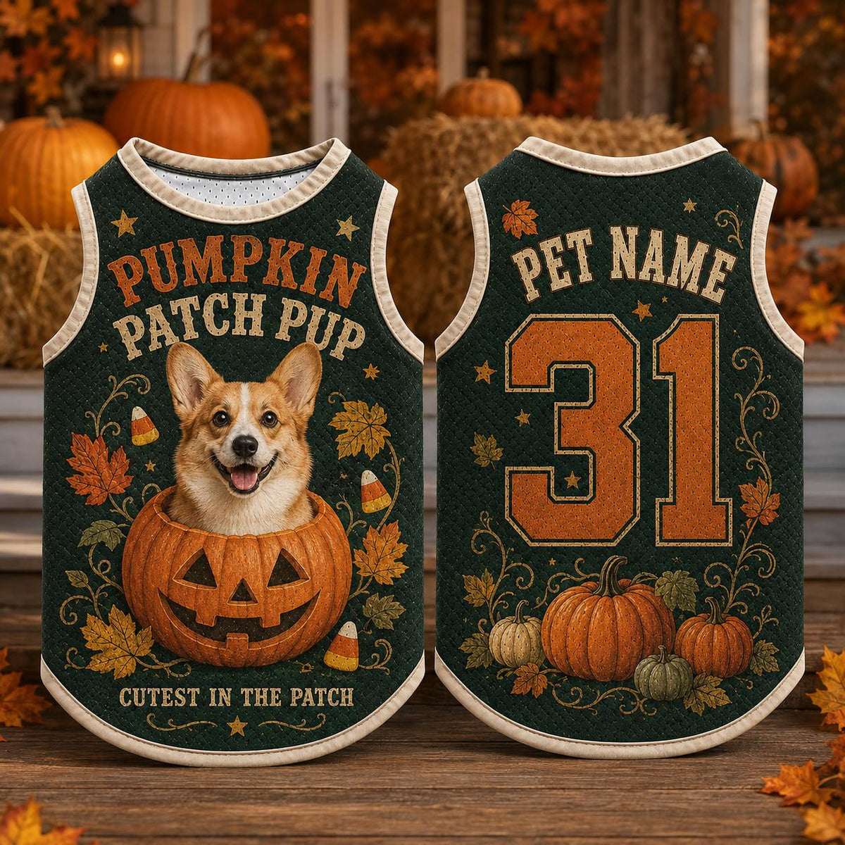 Pumpkin Patch Pup Pet Jersey, Personalized Dog Name Number Shirt, Corgi Halloween Outfit, Fall Pumpkin Pet Costume, Autumn Dog Gift