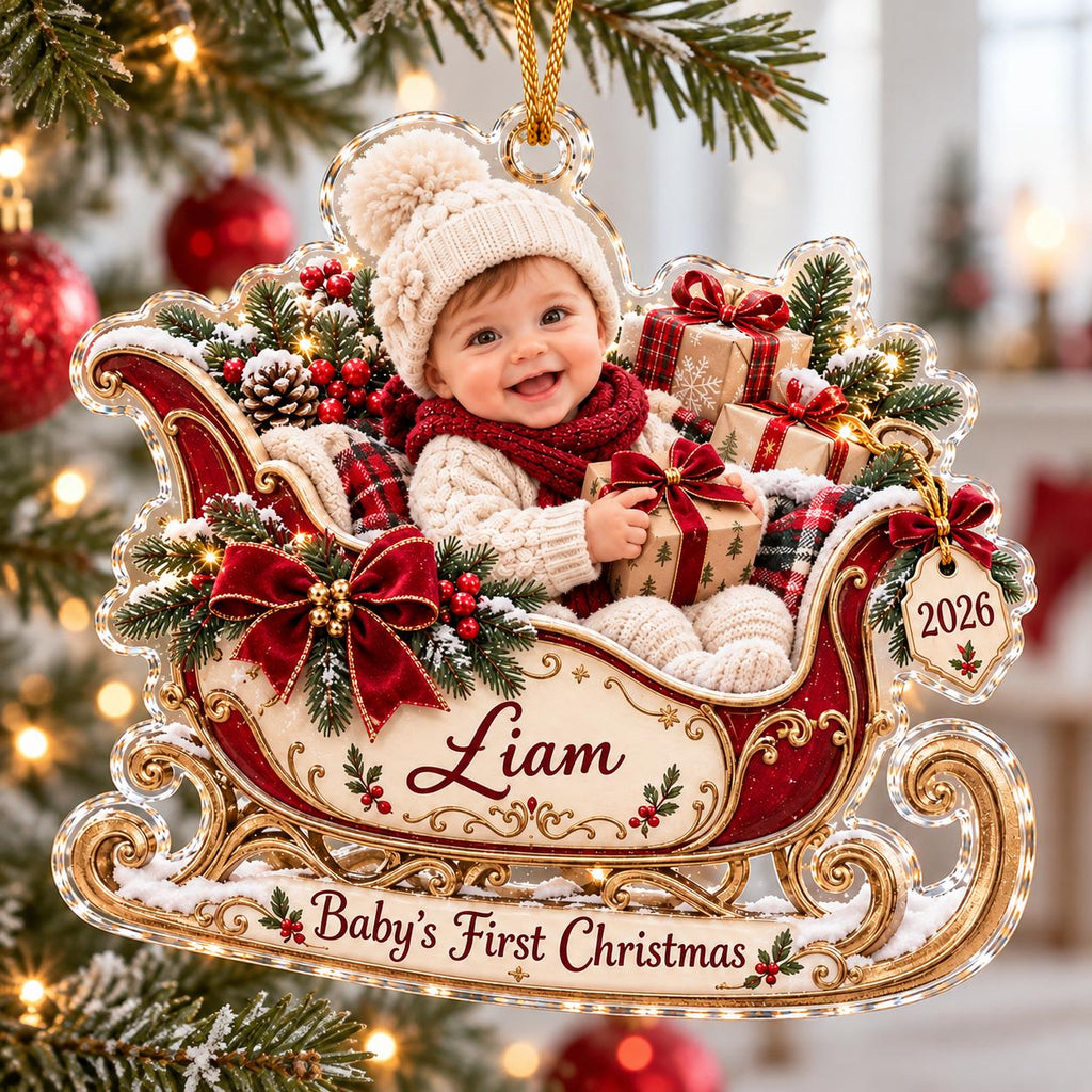 Christmas Sleigh Ornament, Personalized Baby Photo Acrylic Keepsake, Custom Name 2026, First Holiday Gift