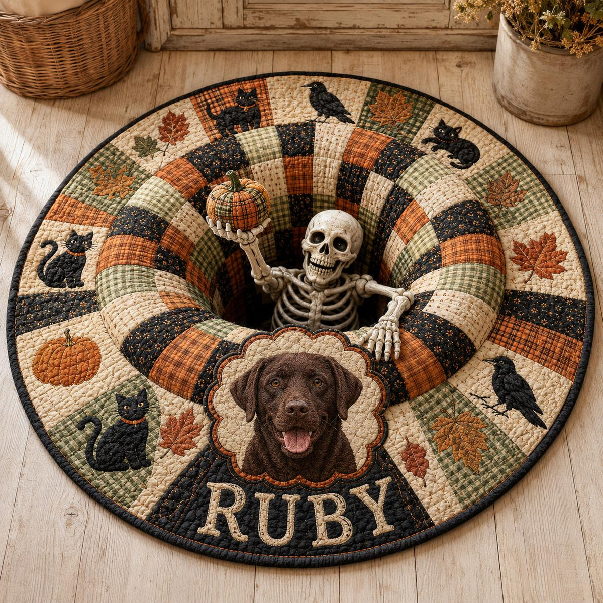 Personalized Halloween Cat Rug, Custom Pet Name Round Mat, Skeleton Knitting Spooky Carpet, Black Cat Moon Decor, Halloween Pet Gift