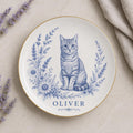 Personalized Cat Ceramic Dish, Custom Pet Name Plate, Blue Floral Cat Keepsake, Pet Memorial Gift, Cat Lover Home Decor