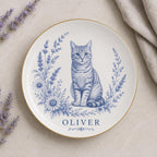 Personalized Cat Ceramic Dish, Custom Pet Name Plate, Blue Floral Cat Keepsake, Pet Memorial Gift, Cat Lover Home Decor