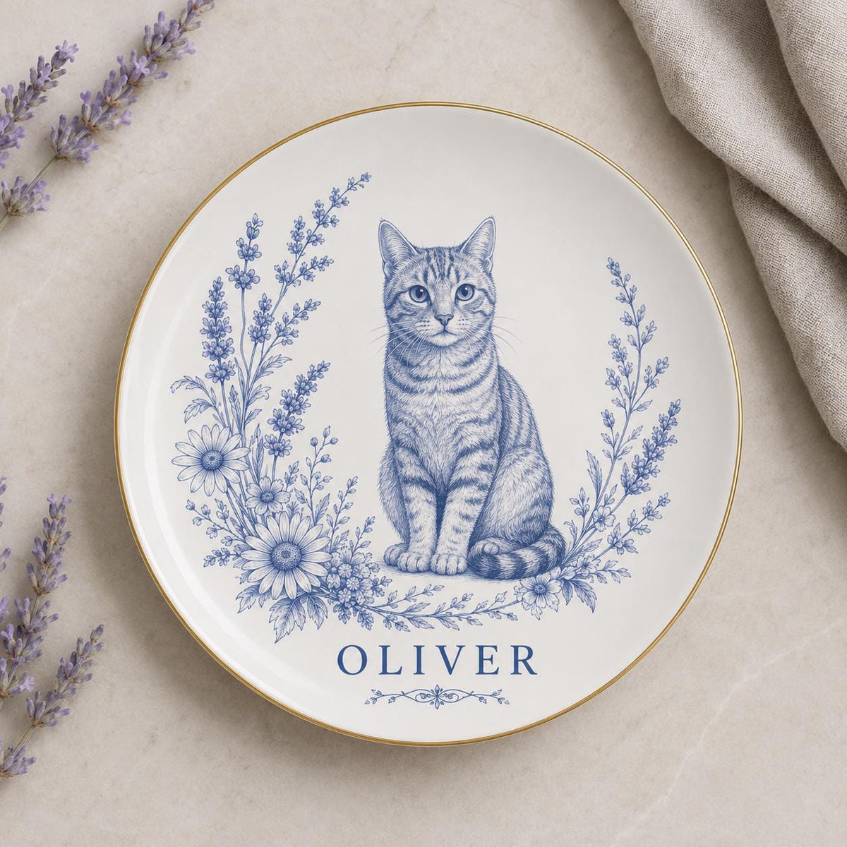 Personalized Cat Ceramic Dish, Custom Pet Name Plate, Blue Floral Cat Keepsake, Pet Memorial Gift, Cat Lover Home Decor