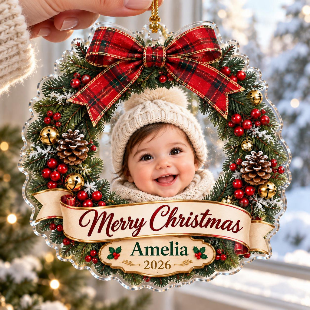Christmas Wreath Ornament, Personalized Baby Photo Acrylic Keepsake, Custom Name 2026, First Christmas Gift