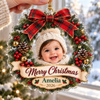 Christmas Wreath Ornament, Personalized Baby Photo Acrylic Keepsake, Custom Name 2026, First Christmas Gift