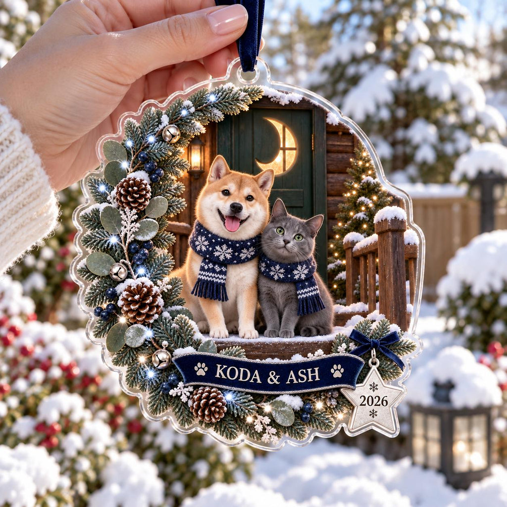 Moonlit Pet Christmas Ornament, Personalized Dog Cat Acrylic Keepsake, Custom Pet Name Winter Decor, Pet Parent Gift