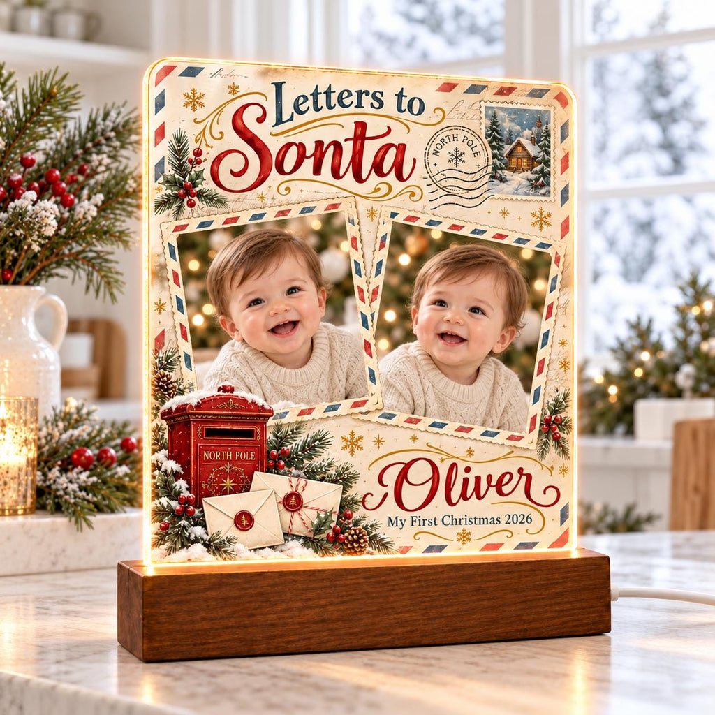 Letters to Santa Photo Lamp, Personalized Baby Acrylic Plaque, Custom Name Year, First Christmas Keepsake