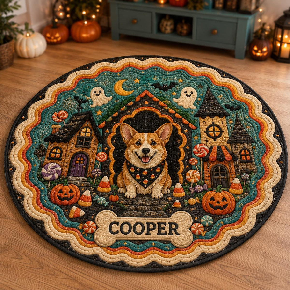 Ghost Picnic Cat Rug, Custom Pet Name Round Carpet, Cozy Halloween Ghost Mat, Autumn Mushroom Decor, Cat Lover Fall Gift