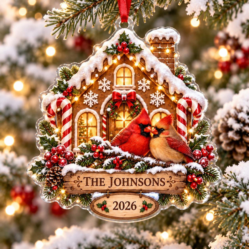 Cardinal Christmas Ornament, Personalized Acrylic Family Keepsake, Gingerbread House Holiday Decor, Bird Lover Gift