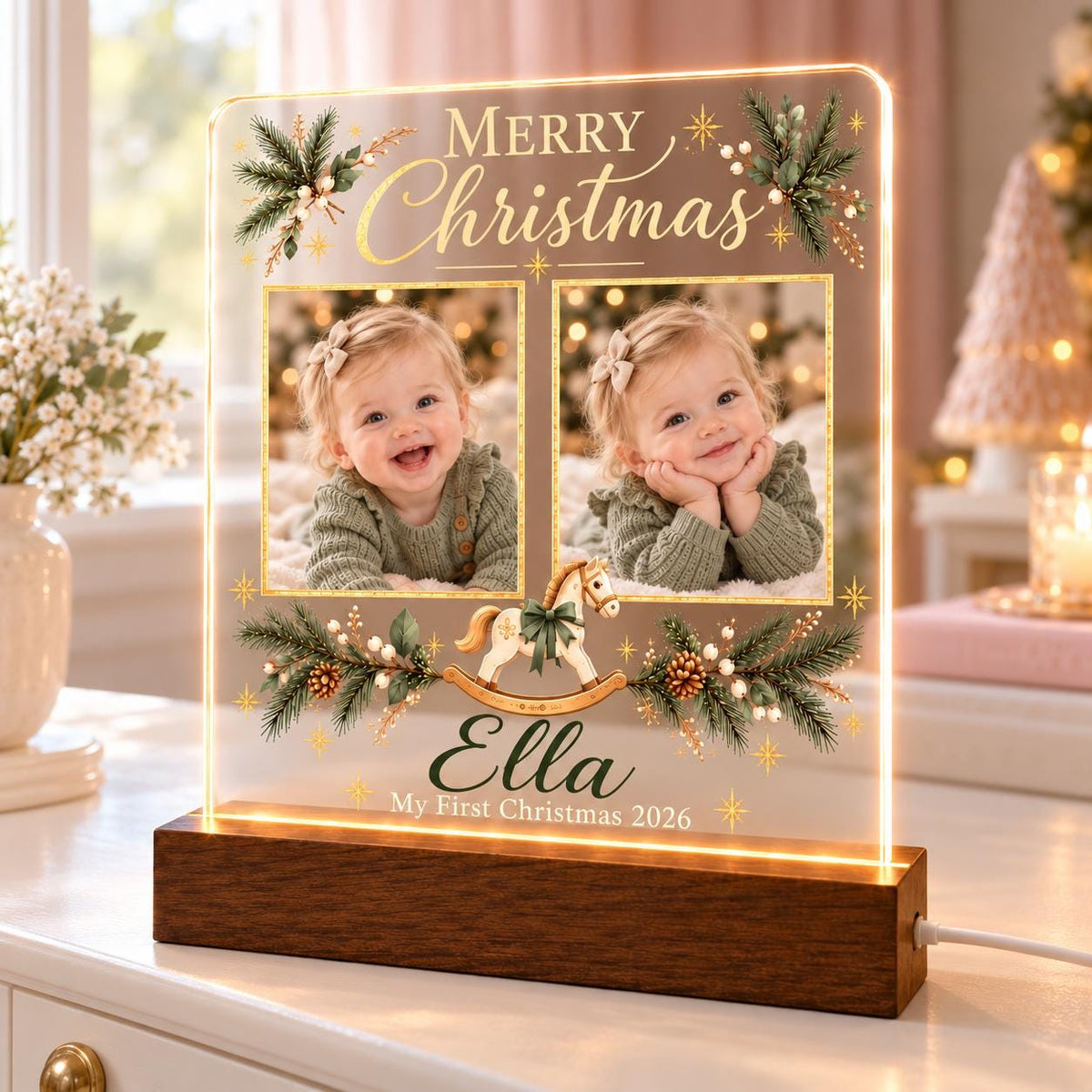 First Christmas Photo Lamp, Personalized Baby Acrylic Plaque, Custom Name Year, Rocking Horse Holiday Keepsake