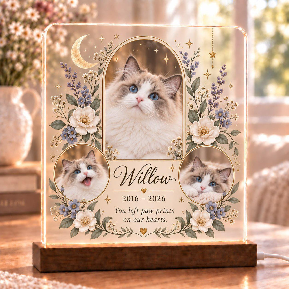 Celestial Pet Memorial Lamp, Custom Pet Photo Acrylic Plaque, Personalized Cat Remembrance Light, Pet Loss Sympathy Gift