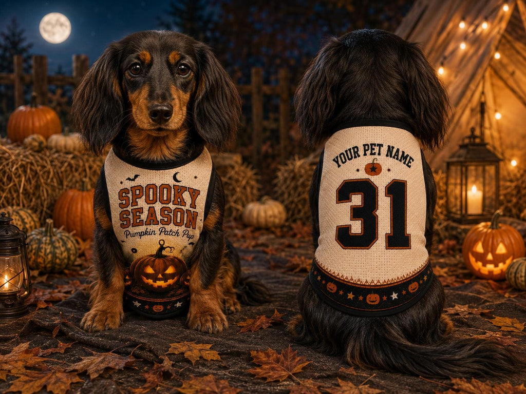 Spooky Season Pet Jersey, Personalized Pumpkin Patch Pup Shirt, Custom Dog Name Number, Halloween Costume, Fall Pet Gift