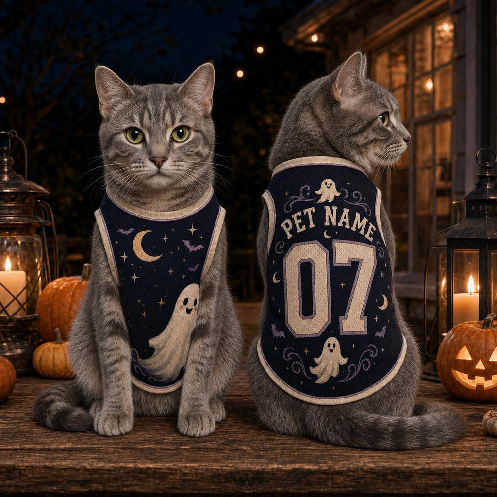 Ghost Cat Pet Jersey, Personalized Pet Name Number Shirt, Black Cat Halloween Outfit, Spooky Moon Dog Cat Jersey, Custom Pet Gift