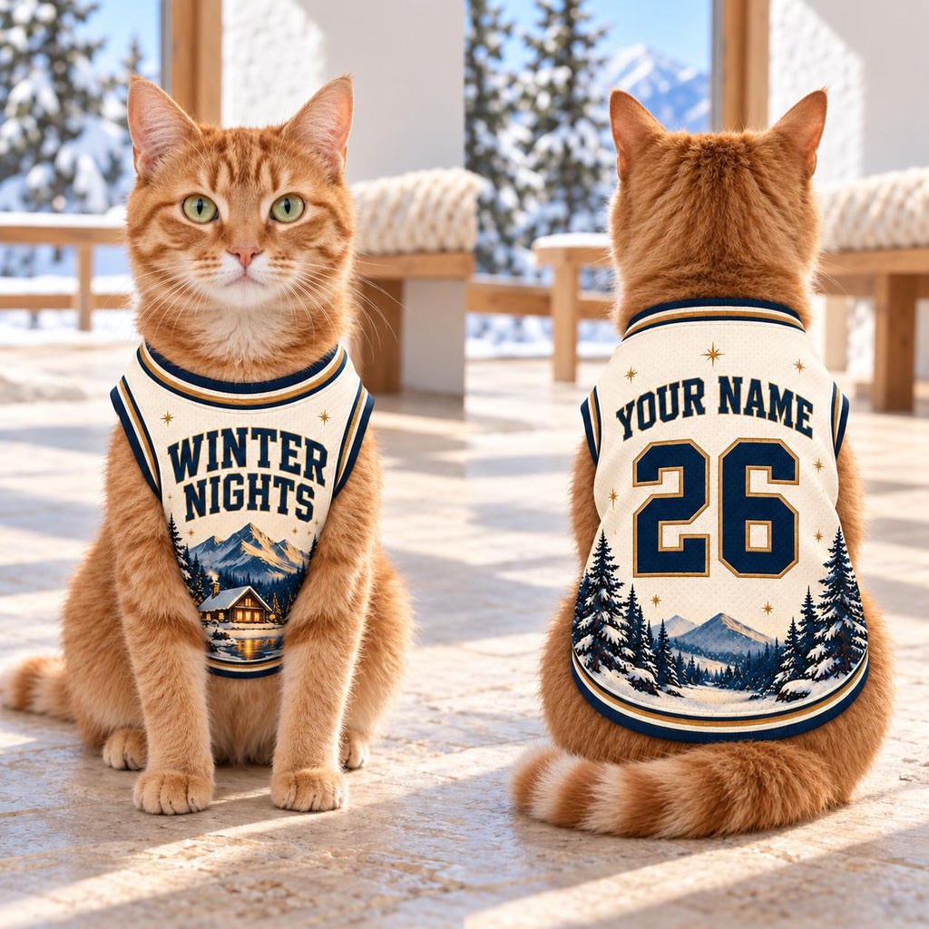 Winter Nights Pet Jersey, Personalized Dog Name Number Shirt, Snowy Mountain Christmas Pet Top, Holiday Sports Outfit, Custom Dog Gift