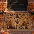 Personalized Halloween Cat Doormat, Trick or Treat Kitty Door Mat, Custom Pet Name Welcome Mat, Pumpkin Fall Porch Decor