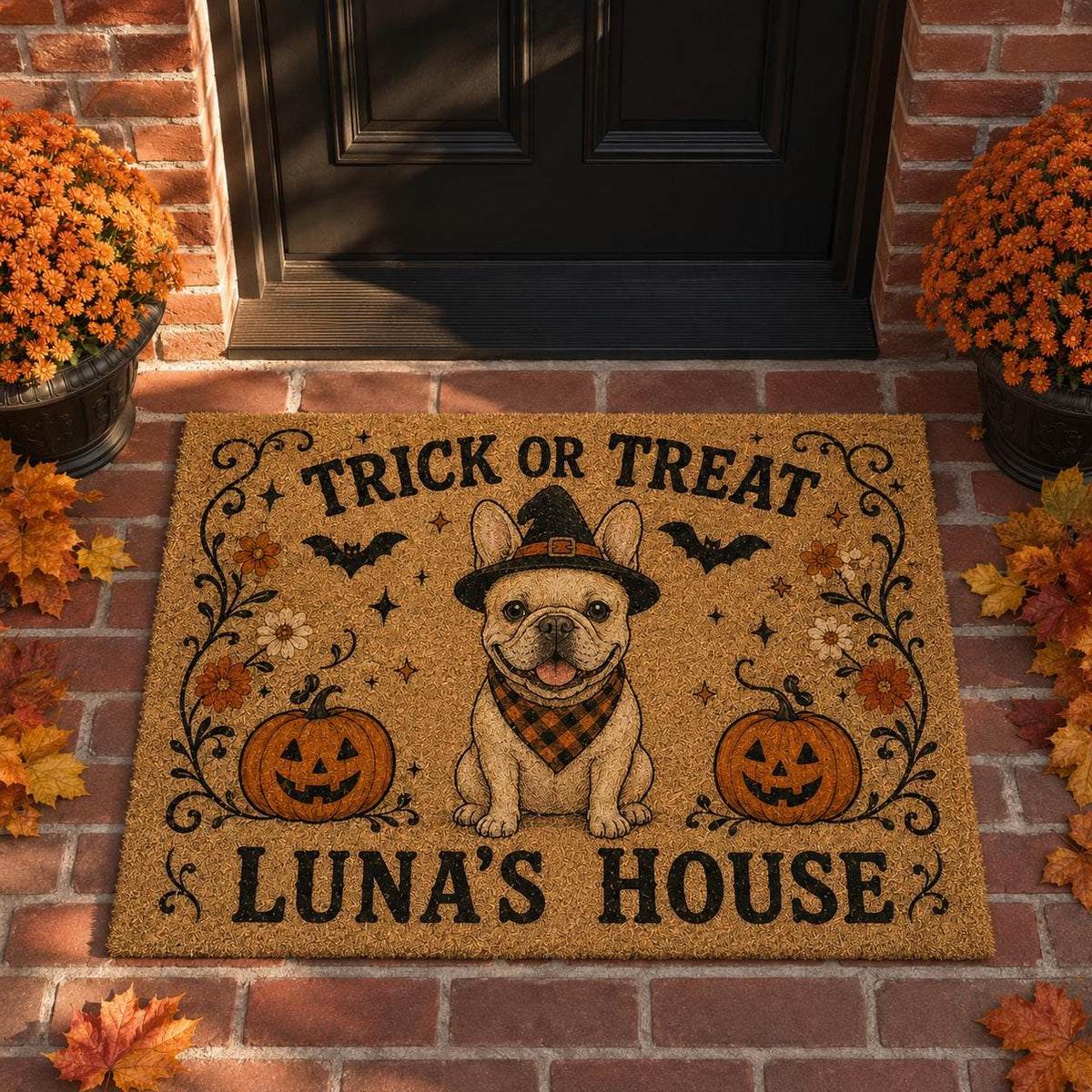 Personalized Halloween Cat Doormat, Trick or Treat Kitty Door Mat, Custom Pet Name Welcome Mat, Pumpkin Fall Porch Decor