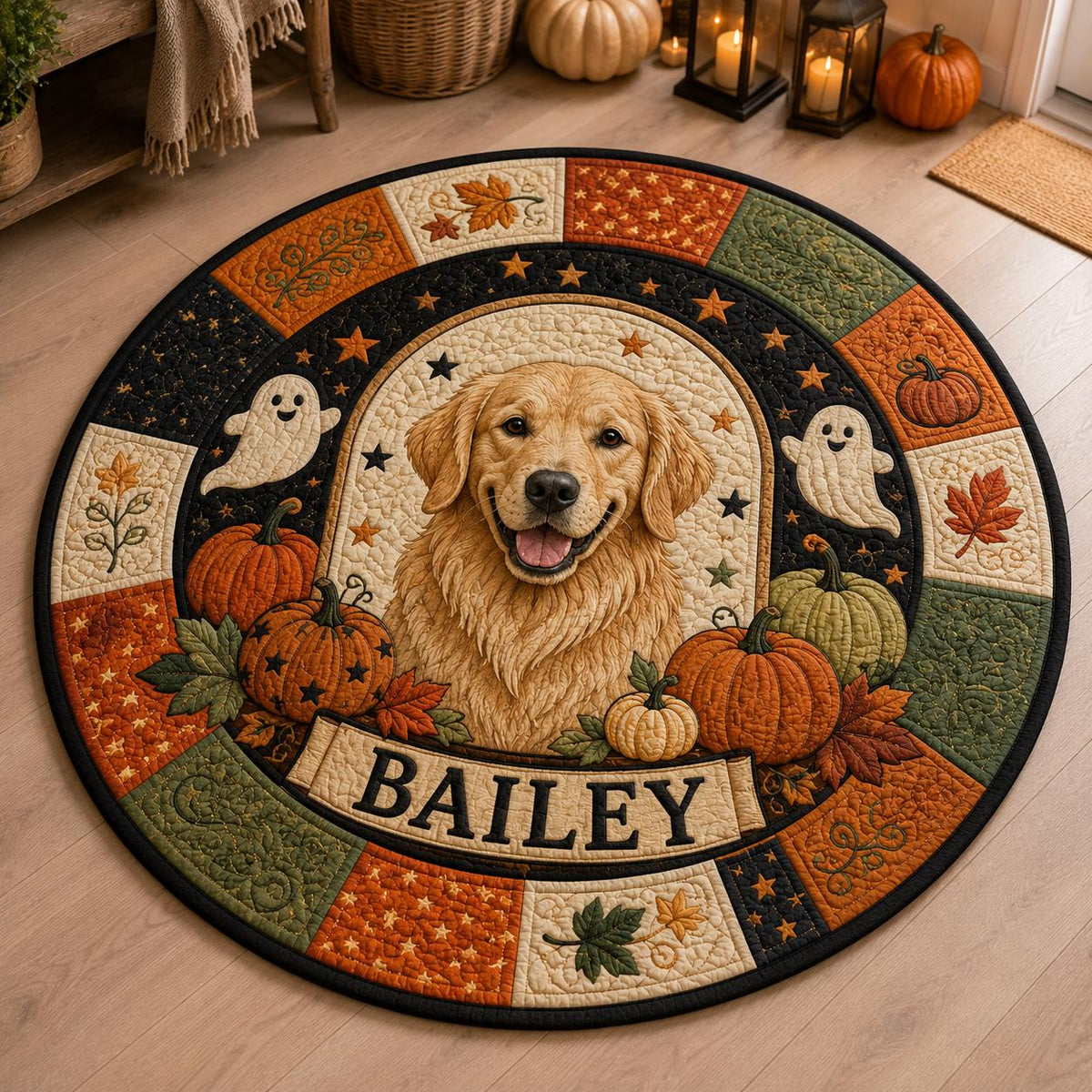 Ghost Picnic Cat Rug, Custom Pet Name Round Carpet, Cozy Halloween Ghost Mat, Autumn Mushroom Decor, Cat Lover Fall Gift
