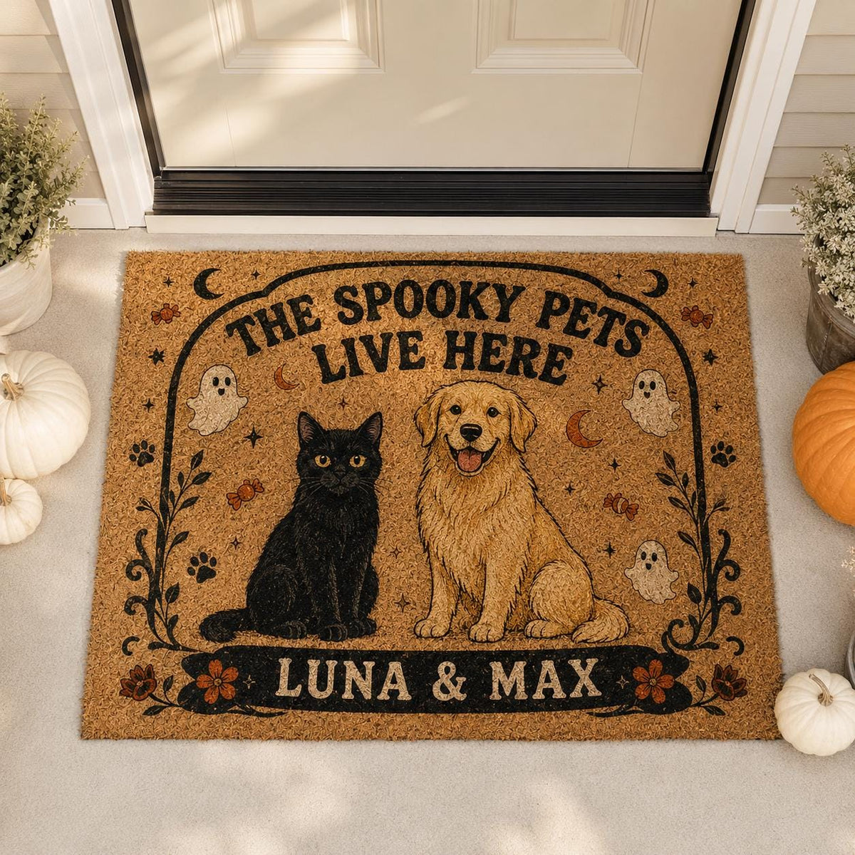 Personalized Pet Halloween Doormat, Spooky Pets Live Here Mat, Custom Dog Cat Name Door Mat, Halloween Porch Decor, Pet Lover Gift